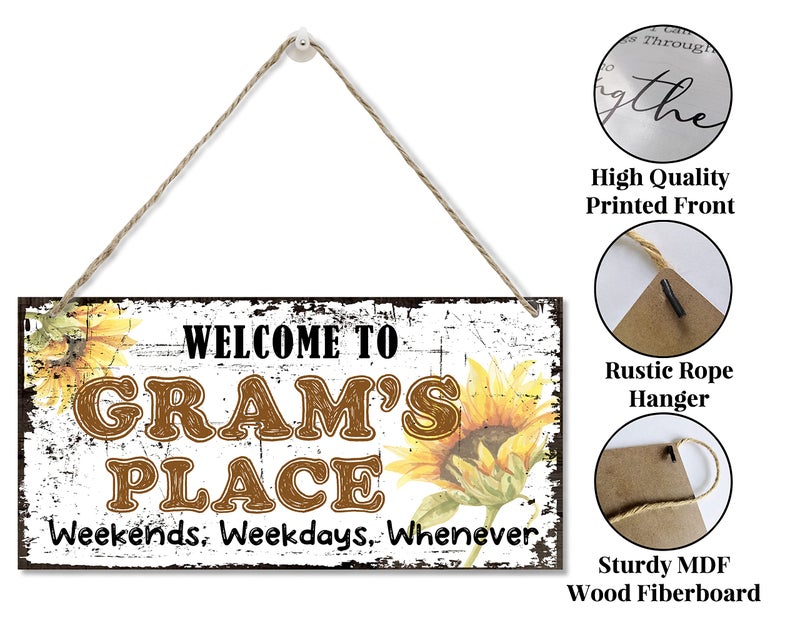 EDCTO Vintage Style Sign  Welcome to Gram's Place Weekends  Weekdays  Whenever Decorative  Hanging Wood Sign Home Decorative  Printed Wood Wall Art Sign  Sunflower Sign Gift for Grandma 12x6 in - Image 5