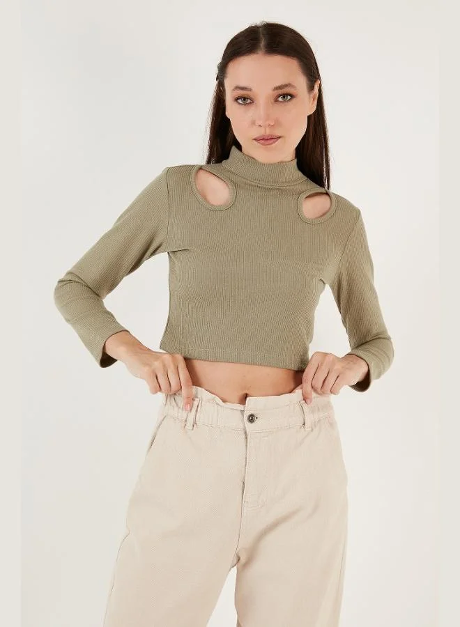Lela Lela Flexible Slim Fit Cut Out Windowed High Neck Crop Blouse Women's Blouse 5865348