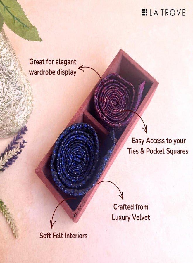 La Trove 2 Slot Velvet Tie Organizer Tray for Men | Pocket Square & Accessories Holder for Closet, Drawer & Wardrobe Storage | Men Accessories Display Tray (Pink) - Image 4