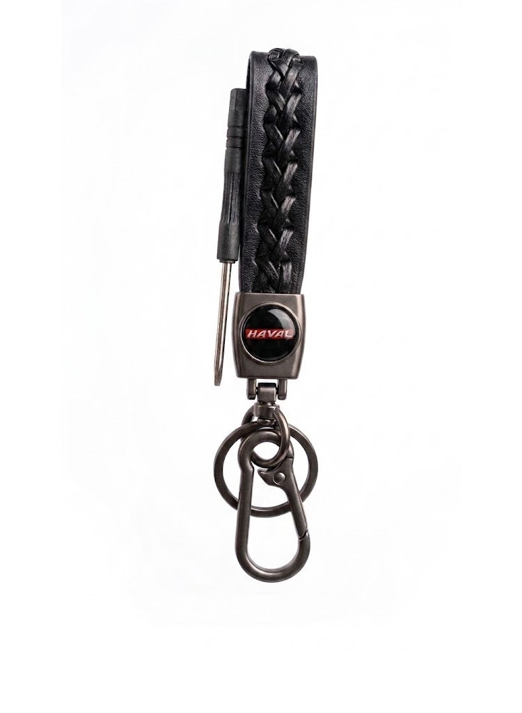 CGS | Braided Leather Car Keyring with Haval Logo | Premium Metal Keyring | Luxury Key Accessory | Black