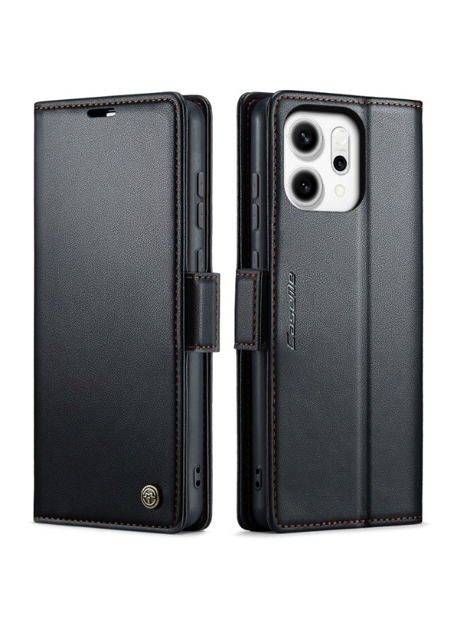 CaseMe Phone Case Luxury PU Leather Design Anti Fingerprint 023 Flip Cover Card Slot Holder Cover For Oppo Reno 14 (Black ) - Image 1