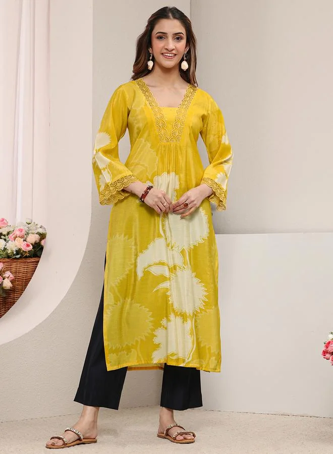 Libas Yellow Floral Silk Blend Straight-Fit Kurta