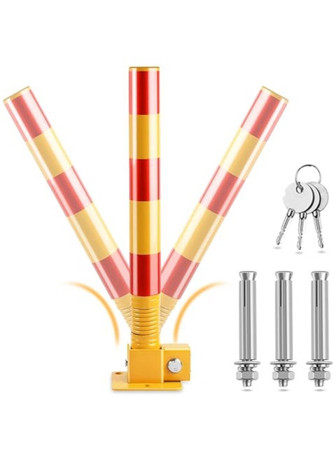 Spring Parking Post, Parking Barrier Parking Lock Folding Heavy Metal Parking Obstacle Pile with Warning Stripes, Parking Piles,Driveway Parking Interceptor Bollard (Red)