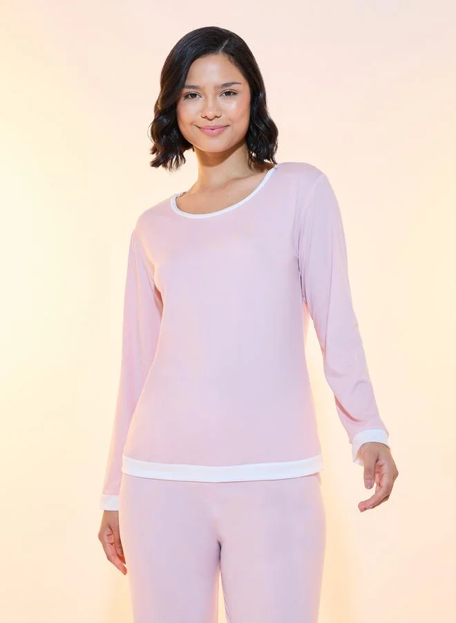 Take Two Contrast Trim Long Sleeves T-Shirt & Pyjama Set