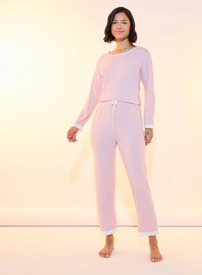 Take Two Contrast Trim Long Sleeves T-Shirt & Pyjama Set