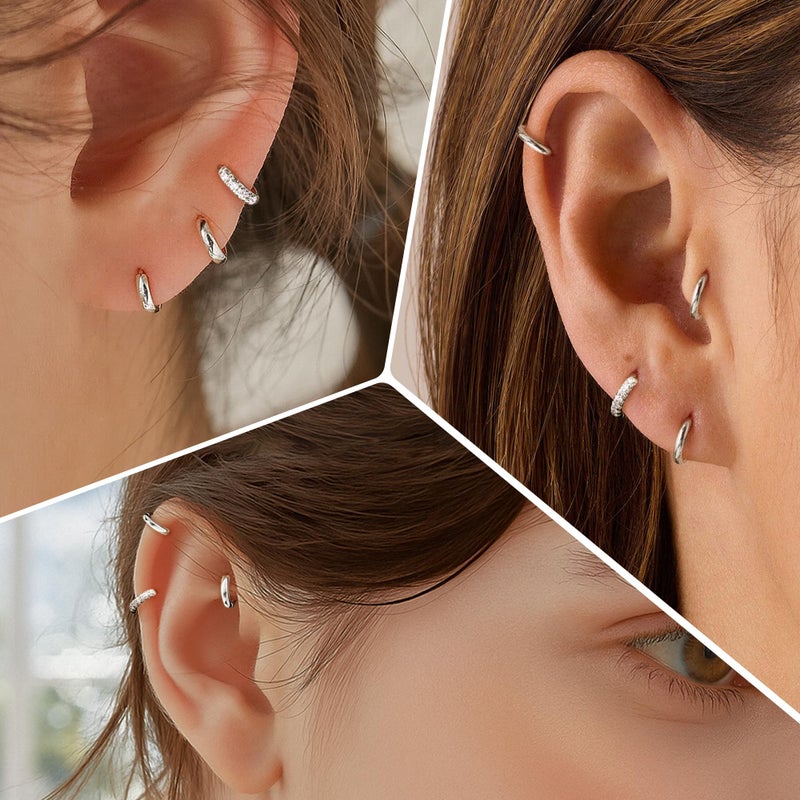 Poxtex 6mm Huggie Small Hoop Earrings Set for Women Silver Stack Thin Cute Cartilage Earring Sets for Multiple Double Piercing Lightweight Mini Dainty Trendy Clip On Mom Jewelry Gifts - Image 5