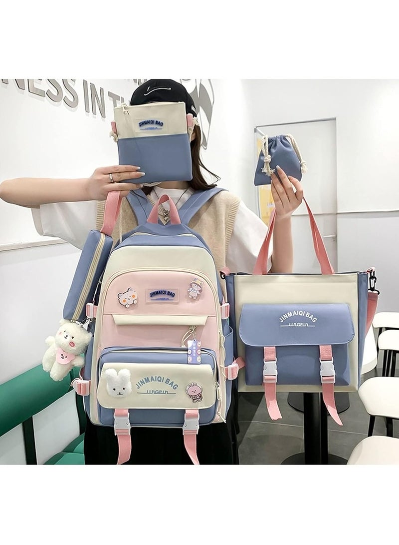 جورونب مجموعة حقائب ظهر كاواي مكونة من 5 قطع لحقائب مدرسية للطلاب والفتيات المراهقات ومستلزمات العودة إلى المدرسة (أزرق) - Image 3