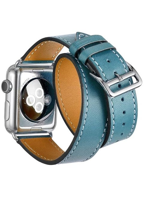 PU Leather Band For Apple Watch Series 10 9 8 7 6 5 4 SE , 38/40/41/42mm Double Tour Replacement Leather Smartwatcg Strap- Blue