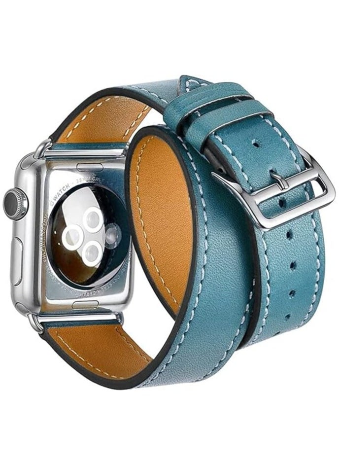 O Ozone PU Leather Band For Apple Watch Series 10 9 8 7 6 5 4 SE , 38/40/41/42mm Double Tour Replacement Leather Smartwatcg Strap- Blue 