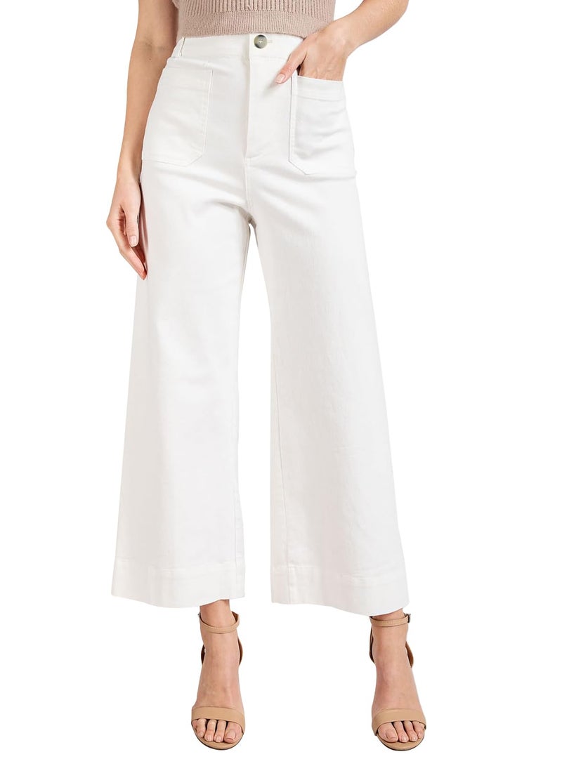 miduo Womens Fashion Casual Button High Rise Zipper Cropped Straight Wide Leg Pants Trousers with Pockets White 26ï¼ˆLittle See Through - Image 1