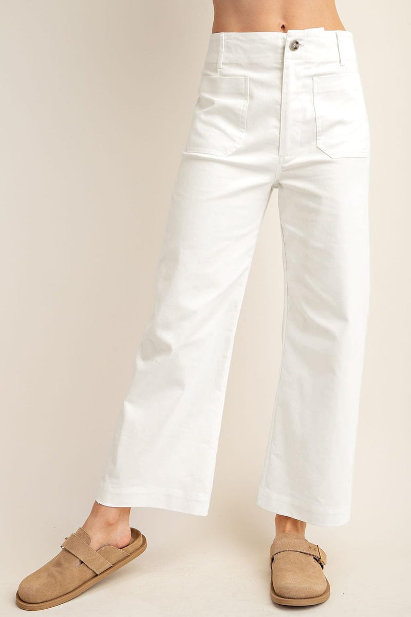 miduo Womens Fashion Casual Button High Rise Zipper Cropped Straight Wide Leg Pants Trousers with Pockets White 26ï¼ˆLittle See Through - Image 2