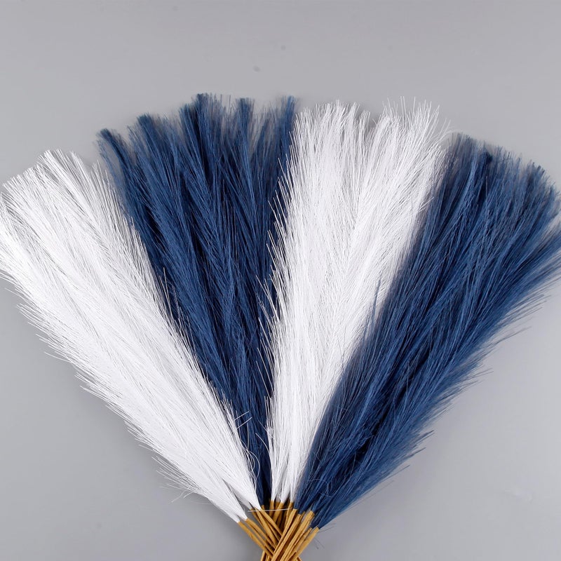 Acfruits Blue and White Pampas Grass Decor 30 Pcs 17 Faux Pampas Grass Short Decor Pompas Grass Flower Arrangement and Vase Filler for Boho Home Wedding Decoration