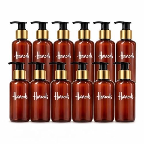 HARRODS 200ml Amber Plastic Pump Bottles (Pack of 12) | Refillable Empty Shampoo, Lotion & Liquid Soap Dispenser Containers | Durable Cylinder Bottles for Bathroom, Salon & Travel Use - Image 1