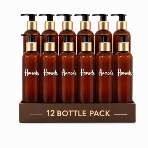 HARRODS 200ml Amber Plastic Pump Bottles (Pack of 12) | Refillable Empty Shampoo, Lotion & Liquid Soap Dispenser Containers | Durable Cylinder Bottles for Bathroom, Salon & Travel Use - Image 2