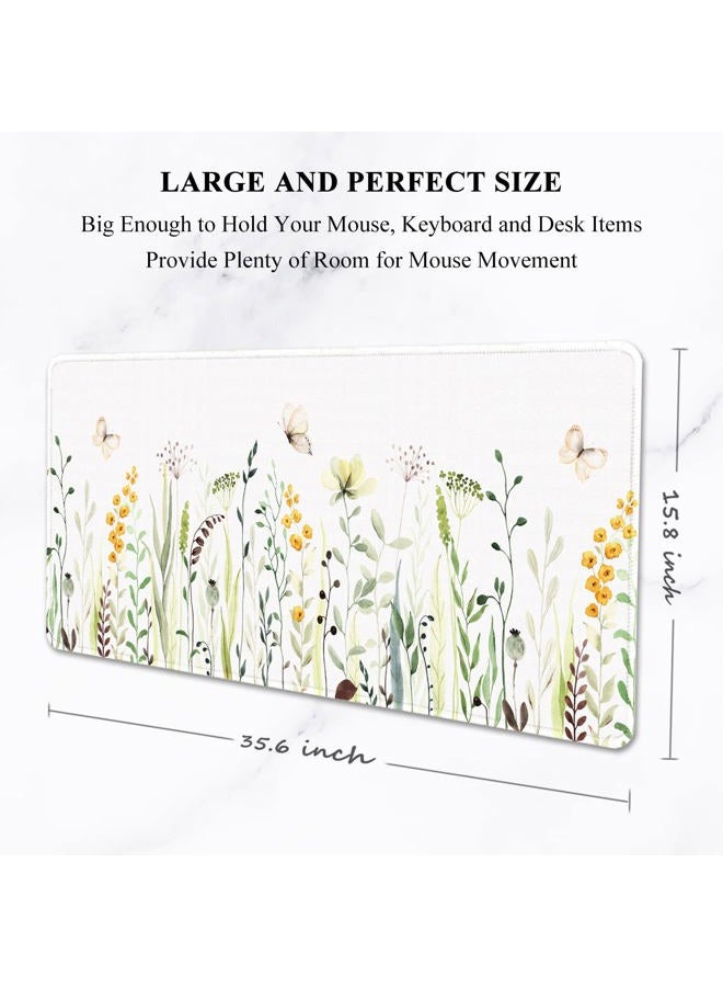 Auhoahsil Desk Pad, XXL Large Mouse Pad, Extended Gaming Mousepad, Cute Desk Mat for Women, Big Office Accessories Mouse Pad for Computer Keyboard and Laptop, 35.6" x 15.7", White Wildflower Butterfly - Image 2