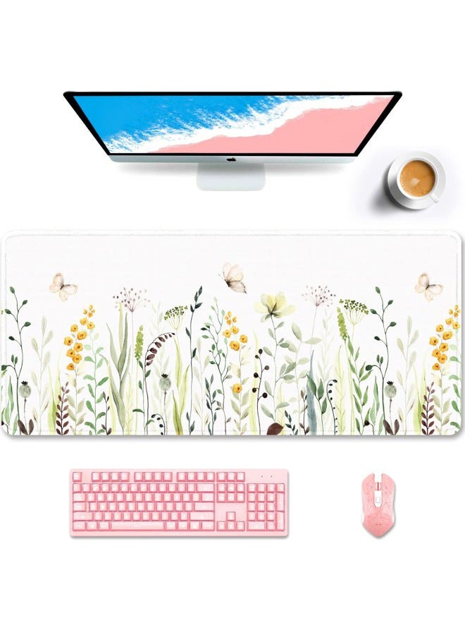 Auhoahsil Desk Pad, XXL Large Mouse Pad, Extended Gaming Mousepad, Cute Desk Mat for Women, Big Office Accessories Mouse Pad for Computer Keyboard and Laptop, 35.6" x 15.7", White Wildflower Butterfly - Image 1