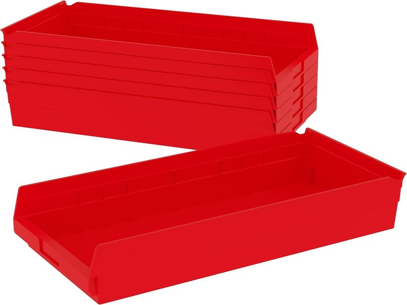 Akro-Mils 30174 Plastic Shelf Bins, Heavy Duty Storage Bins for Garage, Closet, and Drawer Organization, 24-Inch x 11-Inch x 4-Inch, Red, 6-Pack - Image 1