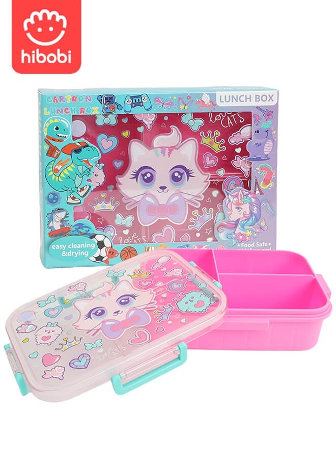 hibobi Cute Cat Kids Lunch Box | 3-Compartment Leak-Proof Bento Box | Food-Grade PP | Microwave & Dishwasher Safe | Portable Handle Design | 1200ml Capacity | Ideal Back-to-School or Birthday Gift for Girls (Ages 3–10) - Image 1