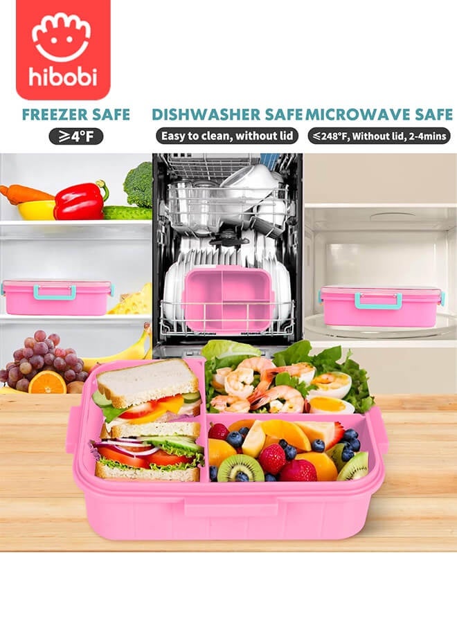 hibobi Cute Cat Kids Lunch Box | 3-Compartment Leak-Proof Bento Box | Food-Grade PP | Microwave & Dishwasher Safe | Portable Handle Design | 1200ml Capacity | Ideal Back-to-School or Birthday Gift for Girls (Ages 3–10) - Image 3
