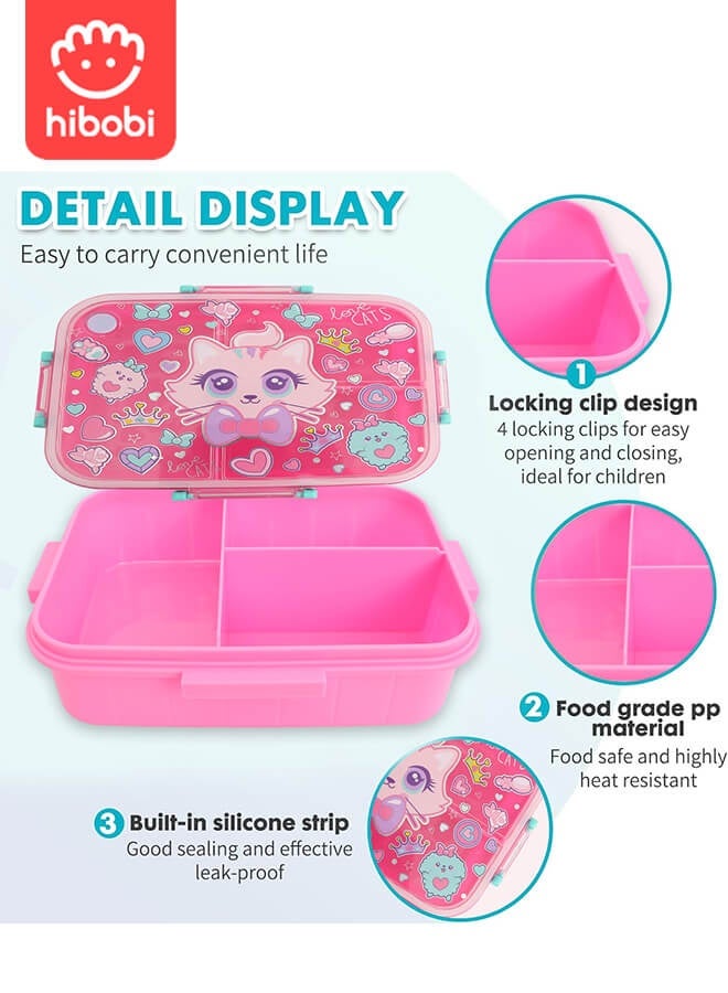 hibobi Cute Cat Kids Lunch Box | 3-Compartment Leak-Proof Bento Box | Food-Grade PP | Microwave & Dishwasher Safe | Portable Handle Design | 1200ml Capacity | Ideal Back-to-School or Birthday Gift for Girls (Ages 3–10) - Image 2