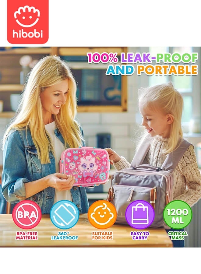 hibobi Cute Cat Kids Lunch Box | 3-Compartment Leak-Proof Bento Box | Food-Grade PP | Microwave & Dishwasher Safe | Portable Handle Design | 1200ml Capacity | Ideal Back-to-School or Birthday Gift for Girls (Ages 3–10) - Image 4