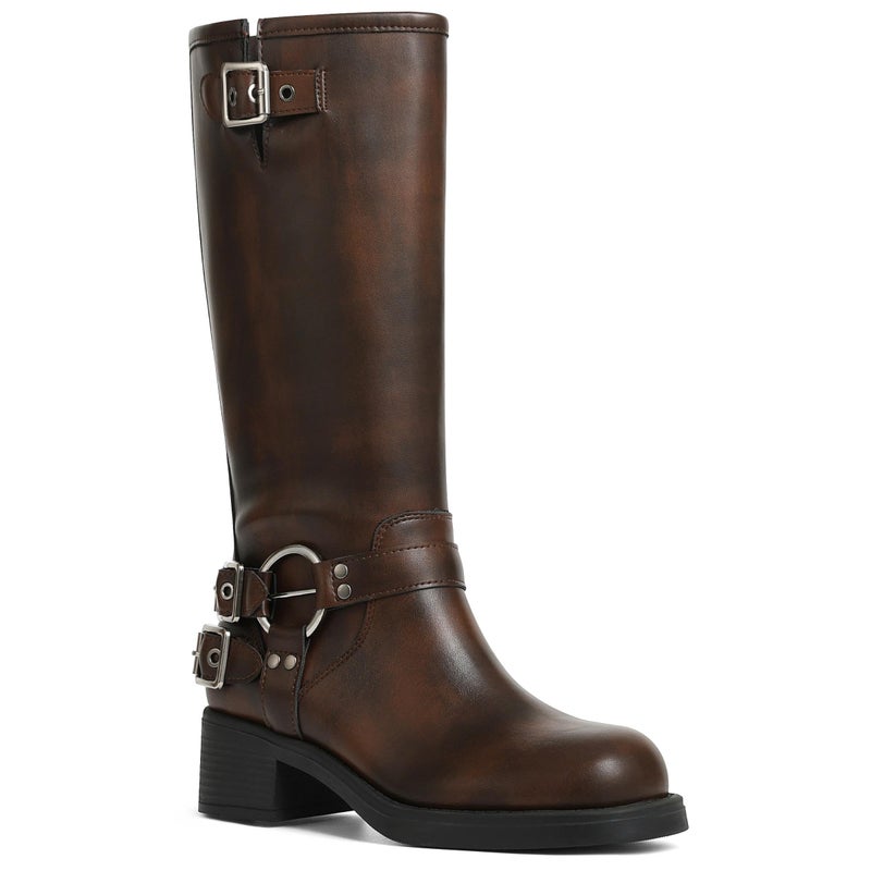AMINUGAL Brown Knee High Boots Women Square Toe Pull On Boots Wide Calf Riding Boots Fashion Buckles Chunky Boots Metallic Casual Vintage Buckle Rivet Boots Size 9 - Image 1