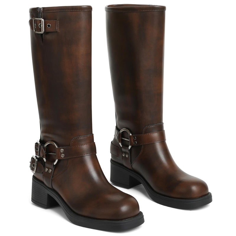 AMINUGAL Brown Knee High Boots Women Square Toe Pull On Boots Wide Calf Riding Boots Fashion Buckles Chunky Boots Metallic Casual Vintage Buckle Rivet Boots Size 9 - Image 4