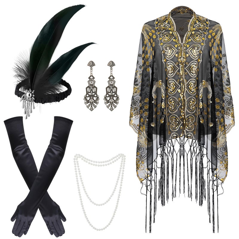ZhouBoat 5Pcs 1920s Accessories for Women, Costume Accessories Set, Peacock Shawl Feather Headpiece Necklace Earrings Long Gloves for Cosplay Costume - Image 1
