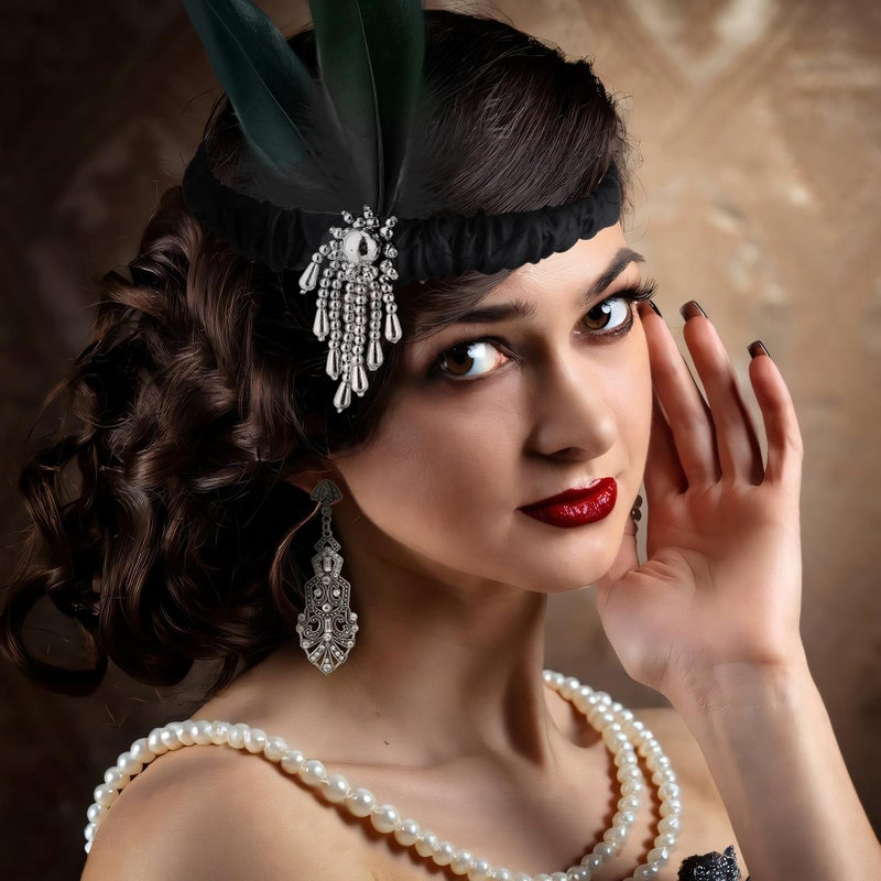 ZhouBoat 5Pcs 1920s Accessories for Women, Costume Accessories Set, Peacock Shawl Feather Headpiece Necklace Earrings Long Gloves for Cosplay Costume - Image 5