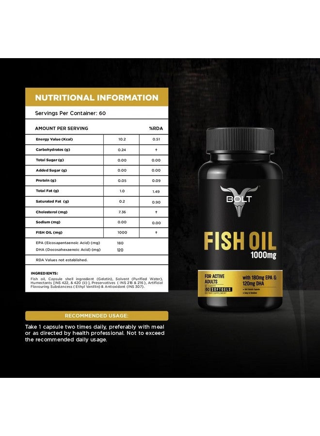 Bolt Nutrition Fish Oil 1000mg Capsules (60 Softgel Capsules) | 180 mg EPA & 120 mg DHA | Omega-3 Fish Oil - Image 5