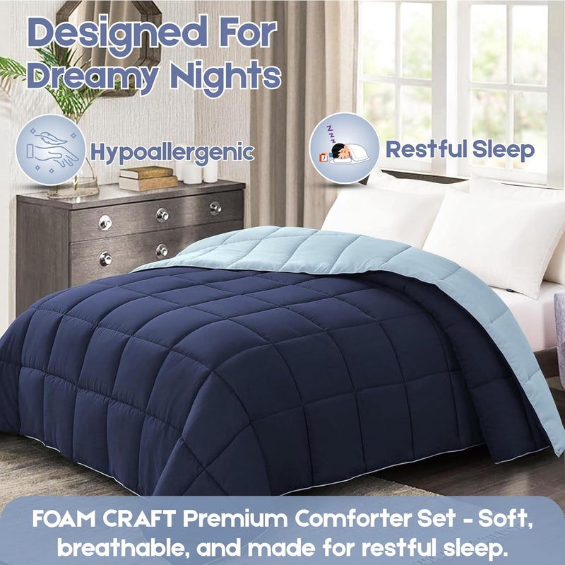 FOAM CRAFT طقم لحاف سرير FOAM CRAFT 3 قطع - لحاف بديل دافئ ومريح مع 2 غطاء وسادة، حجم توأم (أزرق داكن/أزرق سماوي) - Image 3