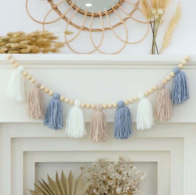 DCJHFJ Boho Yarn Tassel Garland Banner with Wood Beads Blue and White Wall Hanging for Baby Shower Kids Bedroom Nursey Decor - Image 2