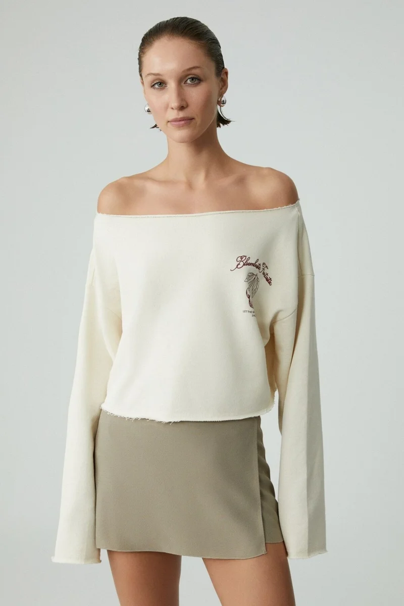 GRIMELANGE Carıbou Women's Asymmetric Collar Non-raised One Shoulder Open Printed Ecru Sweatshirt