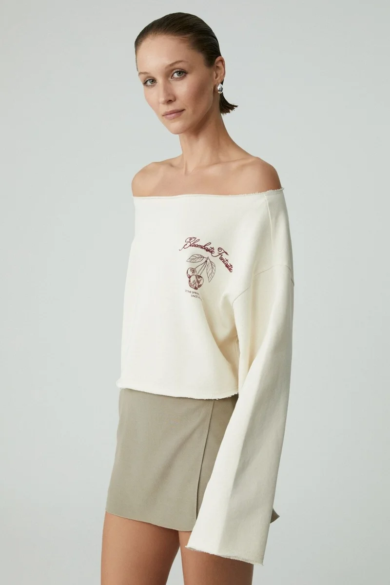 GRIMELANGE Carıbou Women's Asymmetric Collar Non-raised One Shoulder Open Printed Ecru Sweatshirt