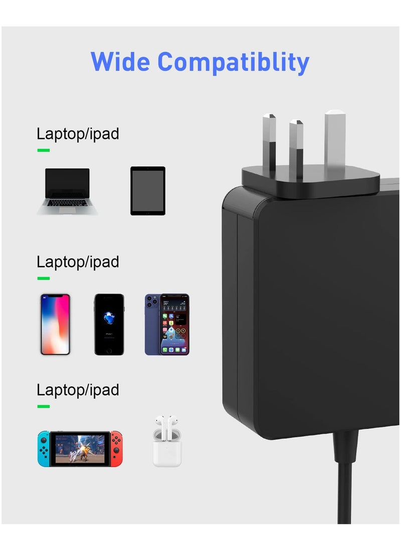 محول طاقة USB C بقدرة 65 وات 45 وات، سلك محول طاقة لشاحن الكمبيوتر المحمول من النوع C PD لأجهزة MacBook/Pro/Air، وSwitch، وSamsung، وASUS، وAcer، وDell، وHUAWEI، وHP والمزيد من الأجهزة من النوع C