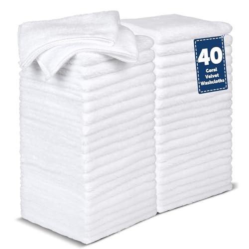 TEAWOO 40 Pack White Coral Velvet Washcloths Bulk Highly Absorbent and Soft Face Towels MultiPurpose Wash Cloths Hand Towels for Bathroom Hotel Spa and Gym 12 x 12 inches - Image 1