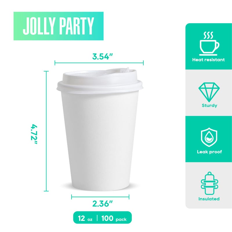 JOLLY PARTY حفلة مبهجة [100 عبوة] أكواب قهوة ورقية سعة 12 أونصة أكواب قهوة ورقية قابلة للتخلص مع أغطية أكواب مشروبات ساخنة/باردة للماء أو العصير أو الشاي مناسبة للاستخدام في المنزل والمتاجر والمقاهي - Image 2