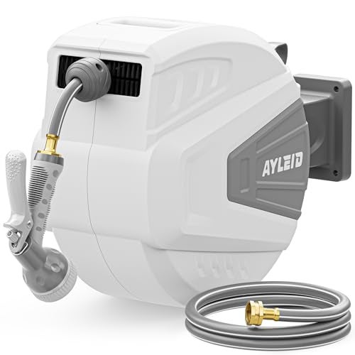 Ayleid Retractable Garden Hose Reel,1/2 in x 100 ft Wall Mounted Hose Reel, with 9- Function Sprayer Nozzle, Any Length Lock/Slow Return System/Wall Mounted/180°Swivel Bracket (Gray) - Image 1