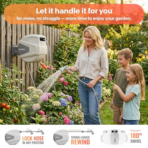 Ayleid Retractable Garden Hose Reel,1/2 in x 100 ft Wall Mounted Hose Reel, with 9- Function Sprayer Nozzle, Any Length Lock/Slow Return System/Wall Mounted/180°Swivel Bracket (Gray) - Image 3