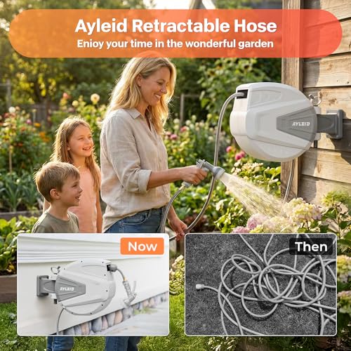 Ayleid Retractable Garden Hose Reel,1/2 in x 100 ft Wall Mounted Hose Reel, with 9- Function Sprayer Nozzle, Any Length Lock/Slow Return System/Wall Mounted/180°Swivel Bracket (Gray) - Image 2