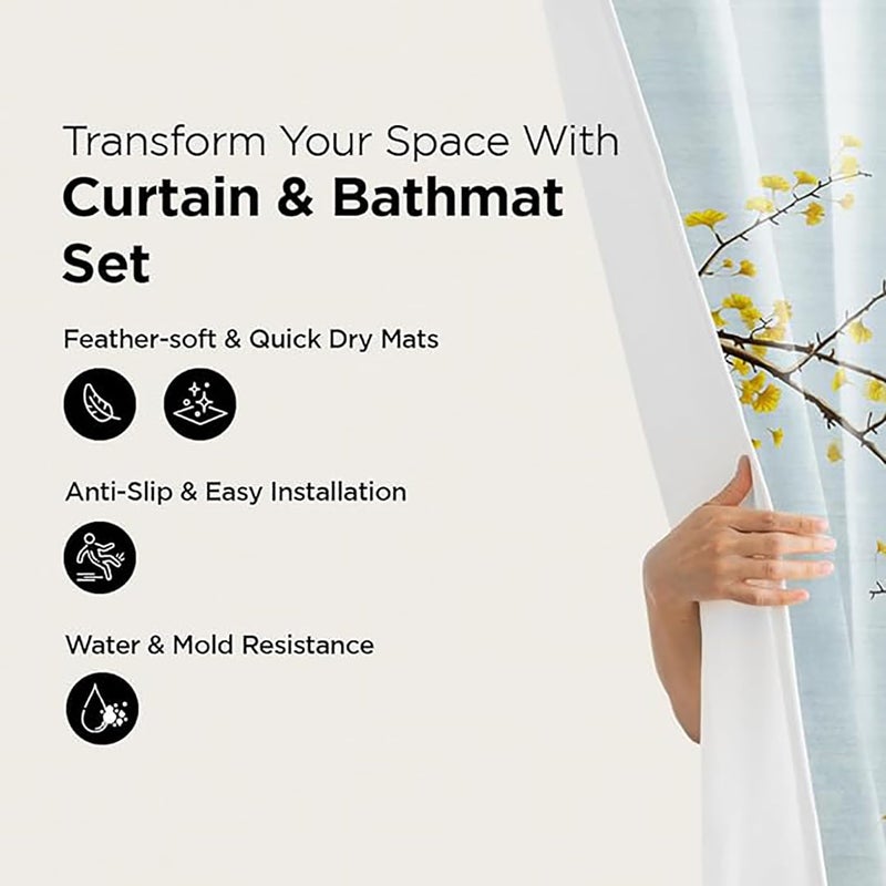 Kuber Industries Kuber Industries Shower Curtain & Bathmat Set | Non-Slip Bath mats for Bathroom | Easy-Slide Curtains | Polyester Curtain or Bathmat for Bath Décor | YF9-3T | 3 Pcs Set | Multicolor  - Image 2