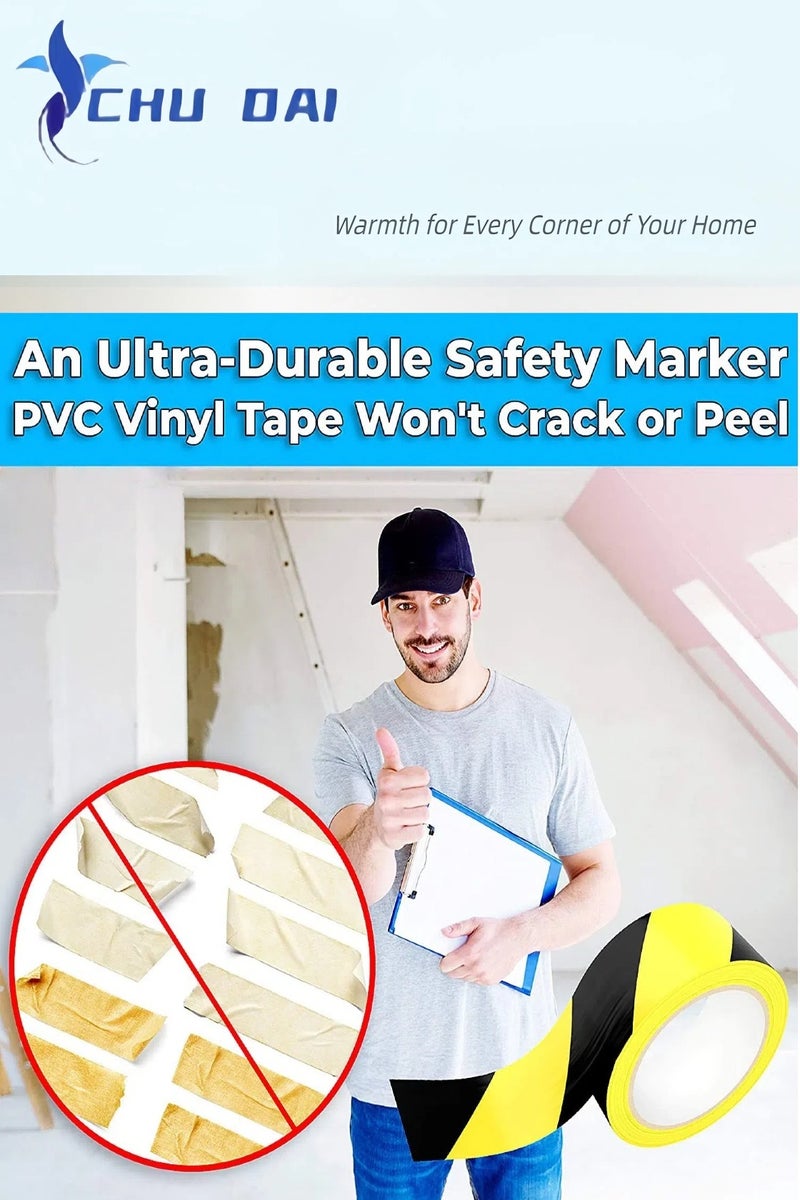 تشو داي (48 مم × 33 م) شريط أرضي للتحذير من المخاطر باللونين الأسود والأصفر • 2 بوصة × 108 قدم - مثالي للجدران والأرضيات والأنابيب والمعدات - Image 2