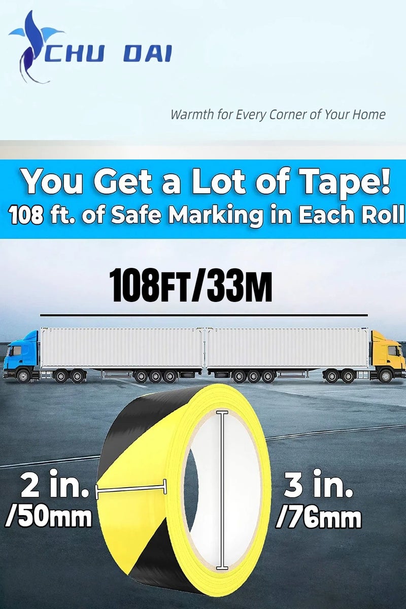تشو داي (48 مم × 33 م) شريط أرضي للتحذير من المخاطر باللونين الأسود والأصفر • 2 بوصة × 108 قدم - مثالي للجدران والأرضيات والأنابيب والمعدات - Image 5