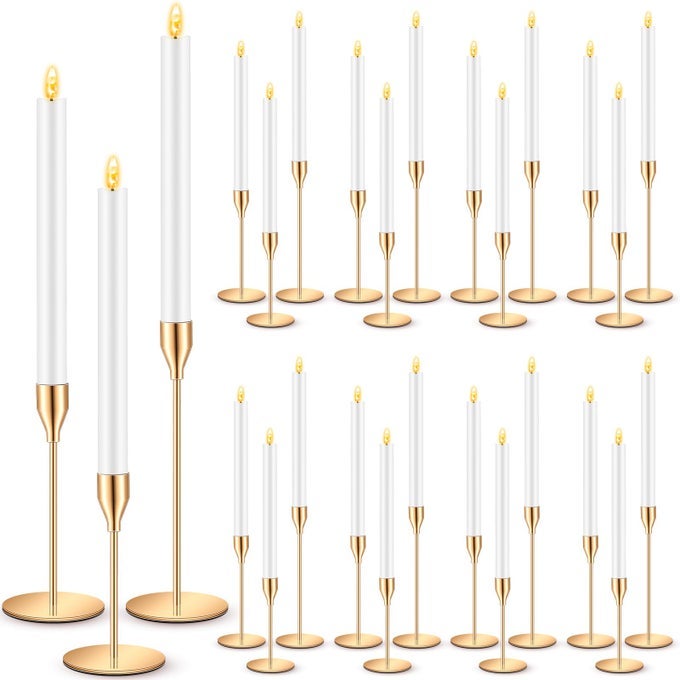30 PCS GOLD CANDLESTICK HOLDERS WITH LED FLAMELESS CANDLES BULK INCLUDES 15 METAL CANDLE HOLDERS AND 15 BATTERY OPERATED CANDLES FOR WEDDING TABLE CENTERPIECES HOME DECOR