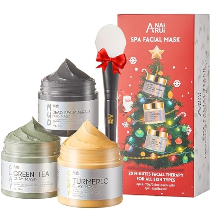 ANAI RUI Christmas Face Mask Gift Set, Turmeric Clay Mask - Green Tea Mask - Dead Sea Minerals Mud Mask, Bulk Christmas Gifts for Women/Tees Girls Stocking Stuffers2.5 oz each - Image 1