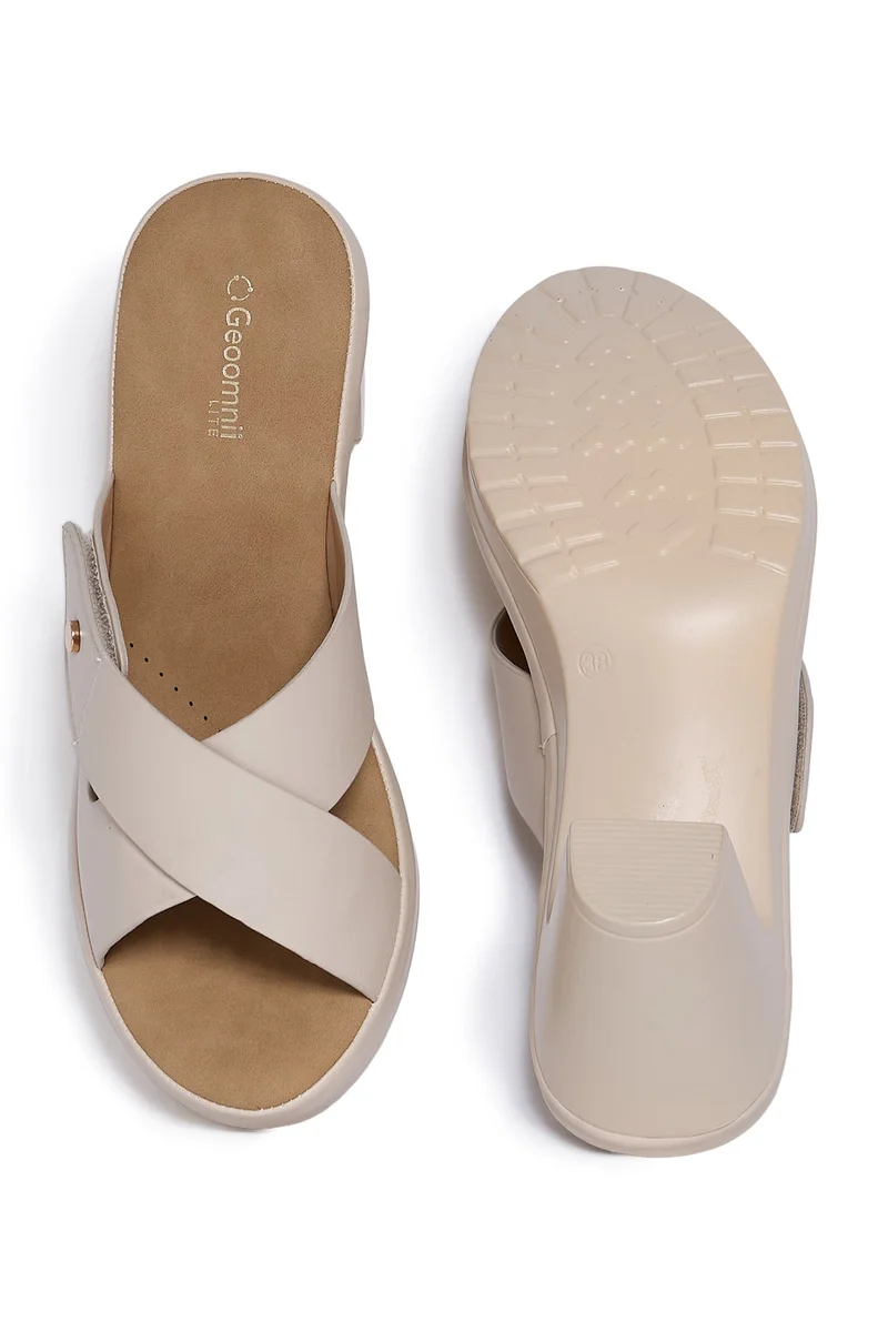 Geoomnii BEIGE Geoomnii Comfort Slide Sandals for Women – Cushioned Slip-On Casual Sandals for Daily Wear, Home, Travel & Walking for Women | Best Price UAE