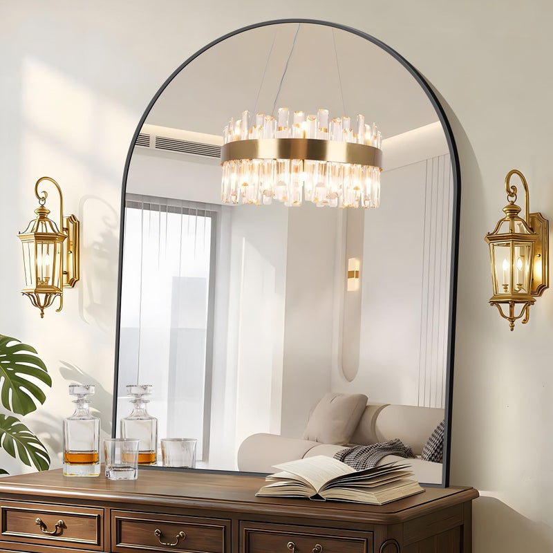 COFENY Arched Bathroom Mirror, 36x48IN Black Bathroom Mirror with Metal Frame, Wide Wall Mounted Mirrors Decor Modern Dresser Mirror for Bedroom Living Room Entryway - Image 1