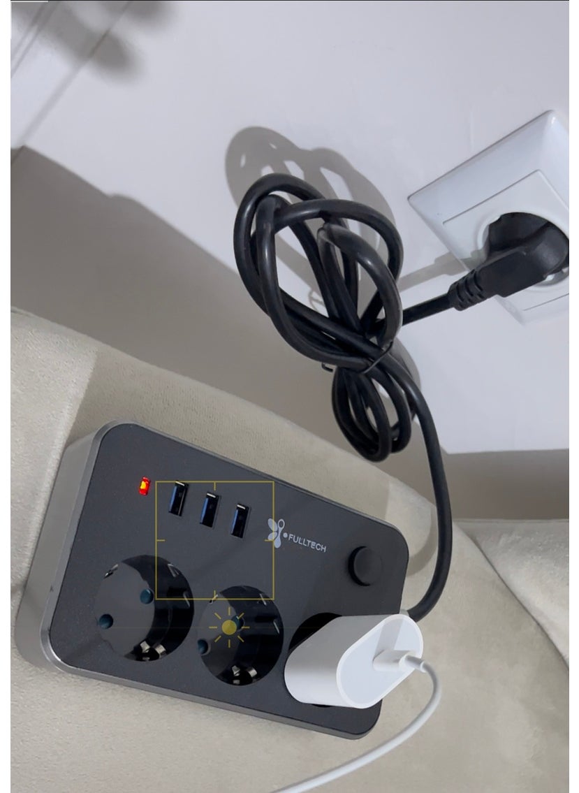 Fulltech 3 Way Socket USB Socket 2 Meter Cable Switched Thermal Current Protection  - Image 2