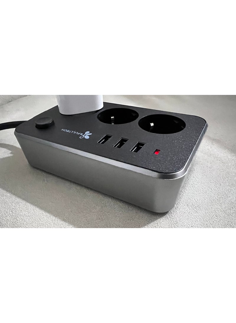 Fulltech 3 Way Socket USB Socket 2 Meter Cable Switched Thermal Current Protection  - Image 3
