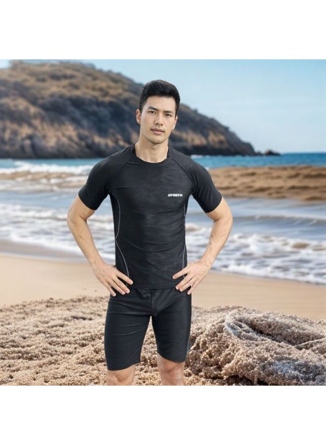 Loquat Swimwear Men's Split Two-piece Set Men's Sunscreen Short-sleeved Surfing Scuba Suit Large Size Beach Swimming Trunks For Men-Color:Imitation Shark Leather Suit- - Image 1